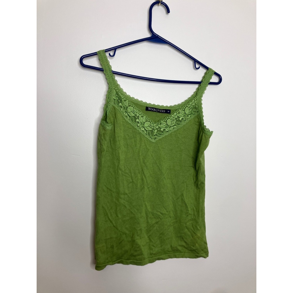 WoolOvers Camisole Women Size M Green Good Lace Trim Silk Cotton Knit Tank Top